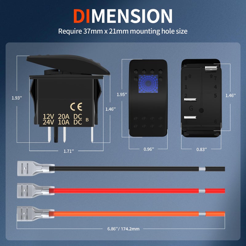 DaierTek Marine Boat Rocker Switch 12V, Lighted Blue LED Waterproof Rocker Switch 12 Volt for UTV RZR SPST 3 Pin ON/Off 20A Heavy Duty with Night Glow Sticker - Image 2