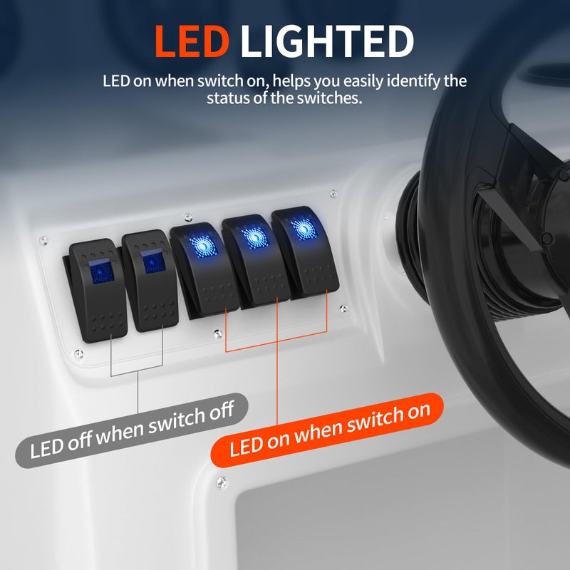 DaierTek Marine Boat Rocker Switch 12V, Lighted Blue LED Waterproof Rocker Switch 12 Volt for UTV RZR SPST 3 Pin ON/Off 20A Heavy Duty with Night Glow Sticker - Image 3