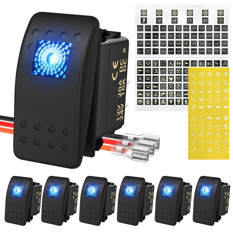 DaierTek Marine Boat Rocker Switch 12V, Lighted Blue LED Waterproof Rocker Switch 12 Volt for UTV RZR SPST 3 Pin ON/Off 20A Heavy Duty with Night Glow Sticker - Image 1