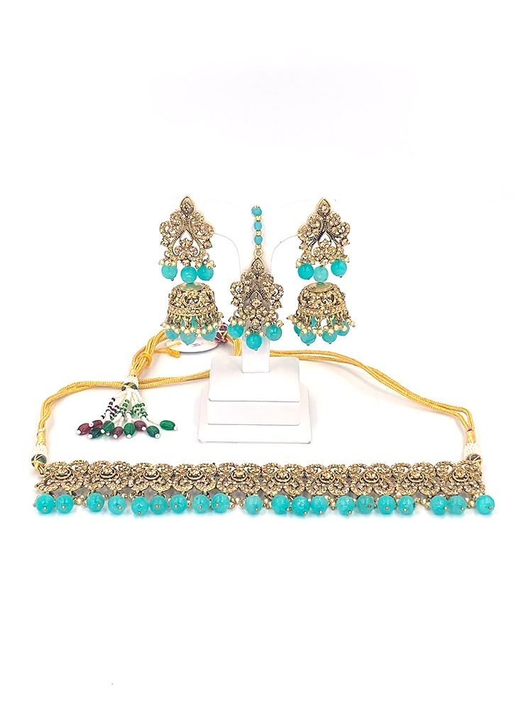 GOHONA Royal Bling Bollywood Traditional Indian Jewellery  Necklace With Earrings Set and 1 Tikka  Blue  colour - Image 2