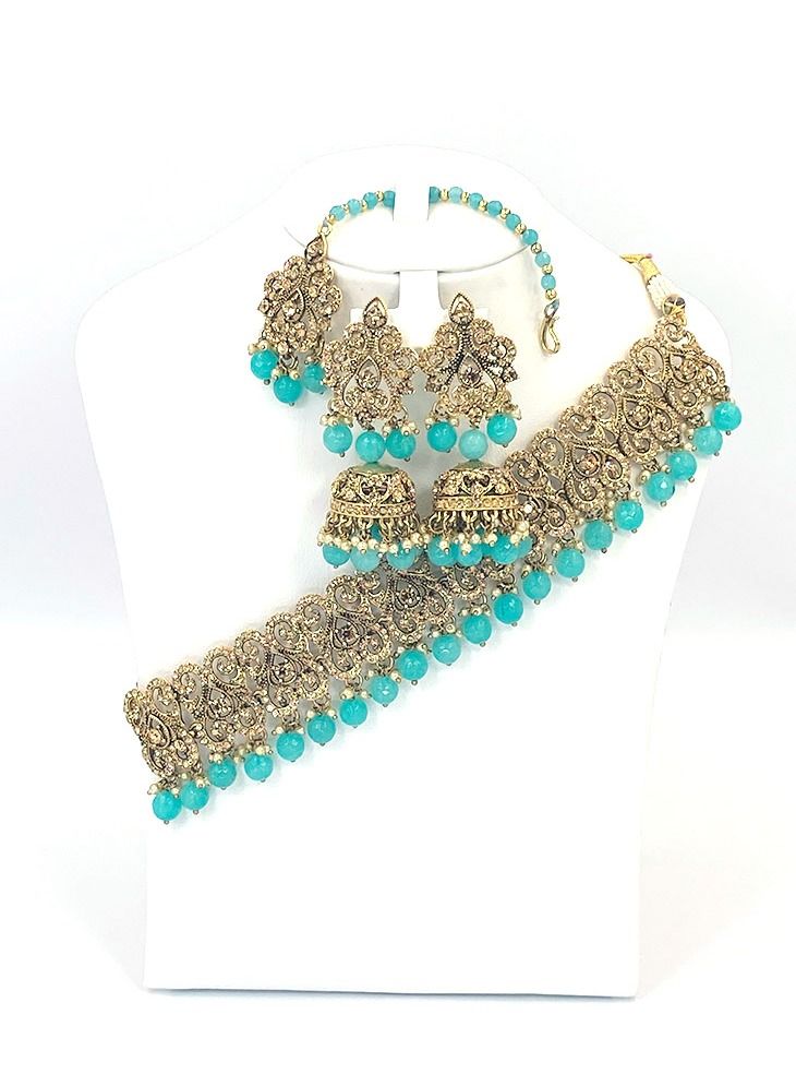 GOHONA Royal Bling Bollywood Traditional Indian Jewellery  Necklace With Earrings Set and 1 Tikka  Blue  colour - Image 1