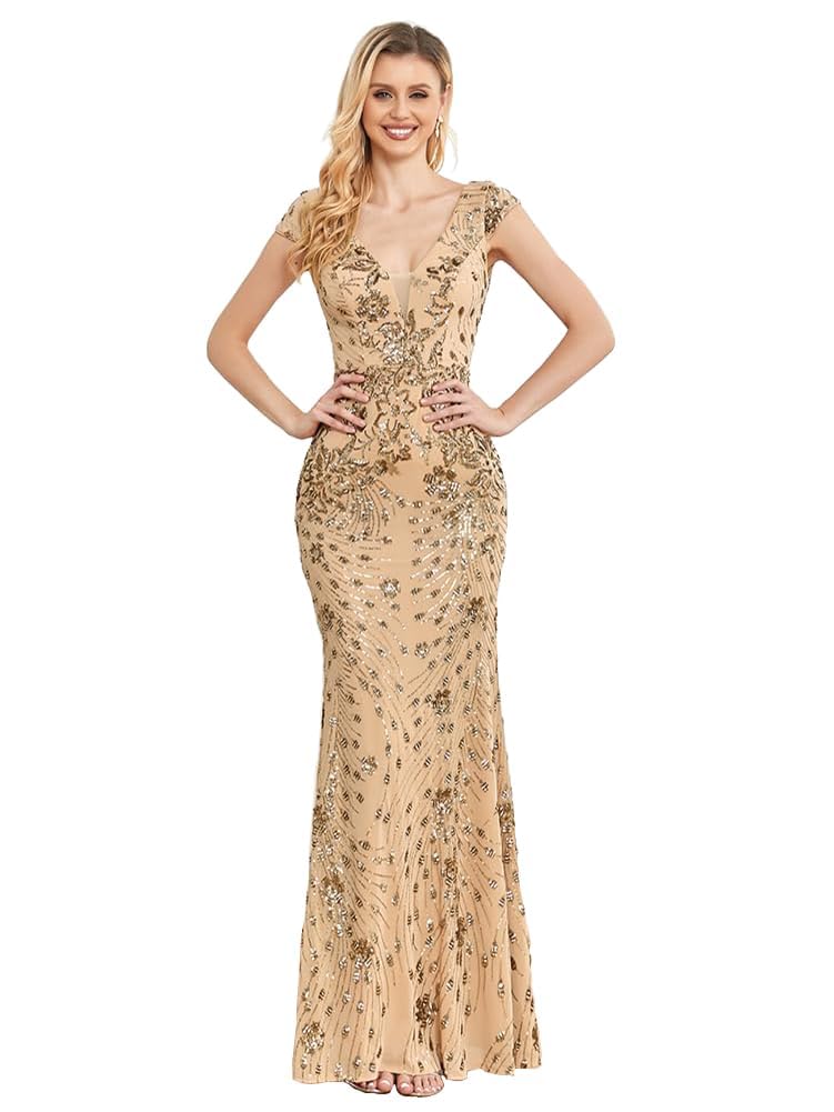 XUIBOL Womens Sequined Long Evening Gown Glamous Sleeveless V-Neck Mermaid Prom Dress for Wedding Party Club Occasions Champagne M - Image 1