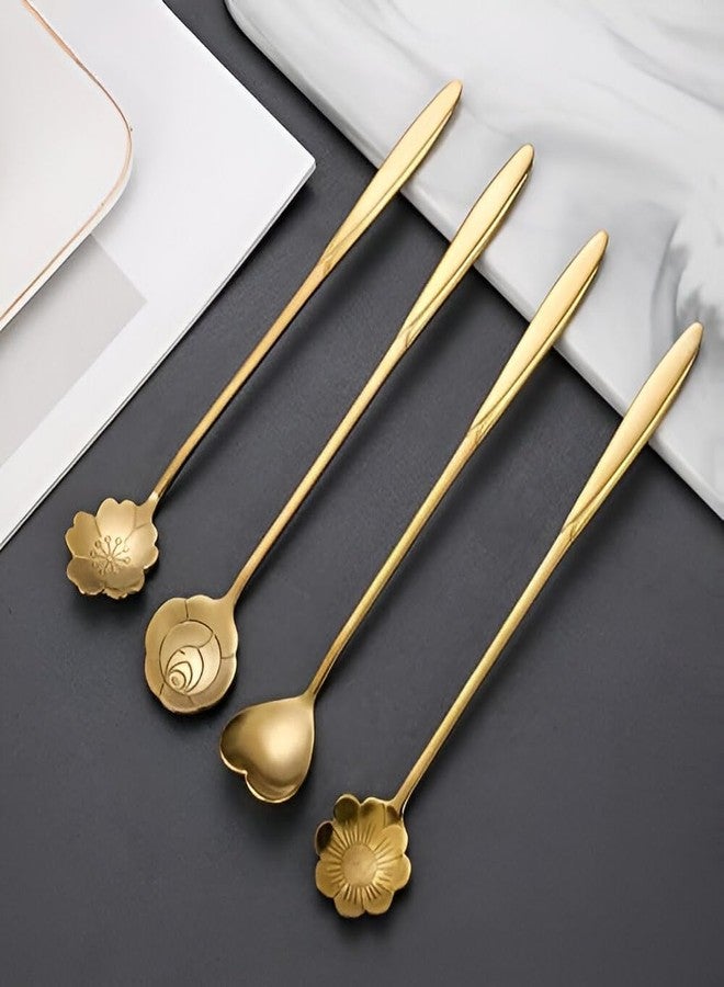 VARENYYA 4Pcs Flower Dessert Spoons, Coffee Teaspoon Set Stainless Steel Tableware Sugar Spoon Small Tea Spoons Cafe Bar Spoon Cute Coffee Teaspoon Mini Tableware, 4 Styles (Gold) (4), 18cm - Image 1