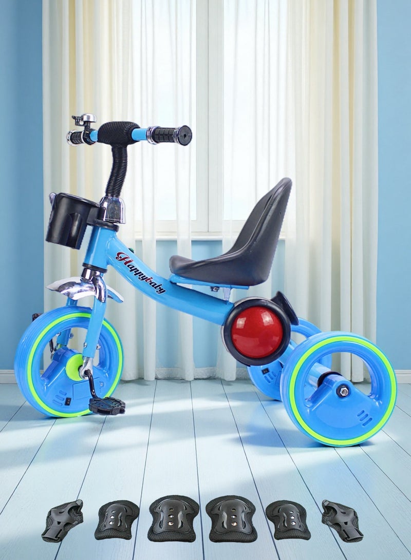 Baby Ride-On Tricycle for Kids Fun Bicycle Toy with Lights, Music & Basket (Choose Blue, Red or Pink) Package Include Protective Gear Set - Image 1