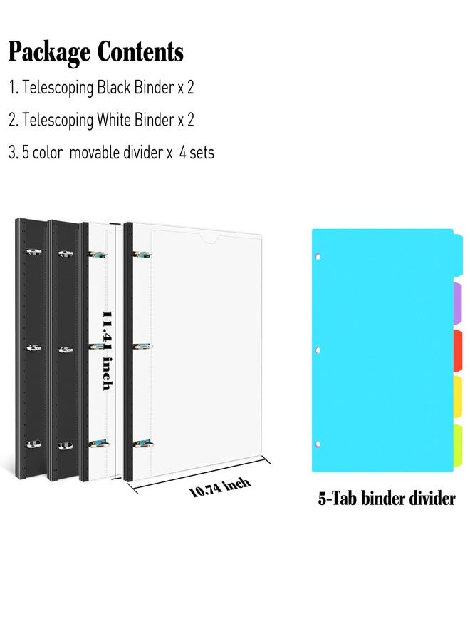 INFUN 1 Inch Telescoping 3 Ring Binder - 4 Pack, Flexible Binder with 5-Tabs Dividers, Customizable Front Cover and Clear Catalog Pocket, 225 Sheet Capacity - 2 Black and 2 White - Image 2