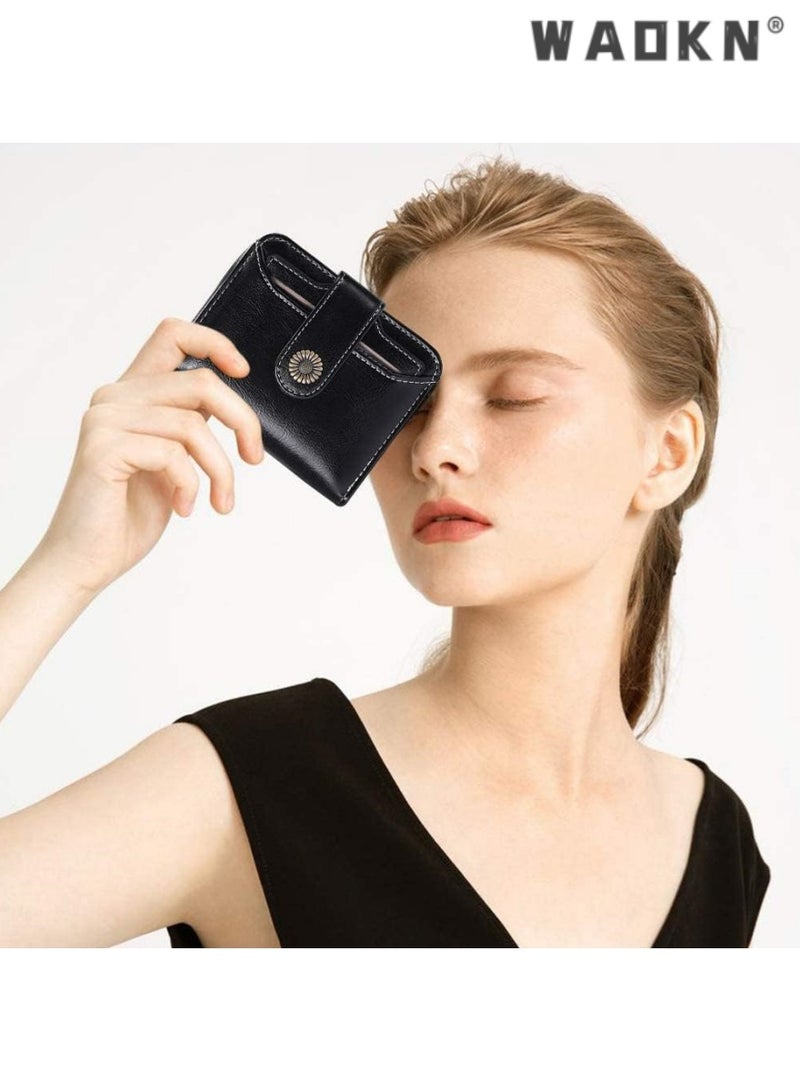 WAOKN Exclusive Small Wallet for Women, Genuine Leather Bifold Design with RFID Blocking & Zippered Pocket, Including ID Window, Stylish Purse(Black) - Image 2