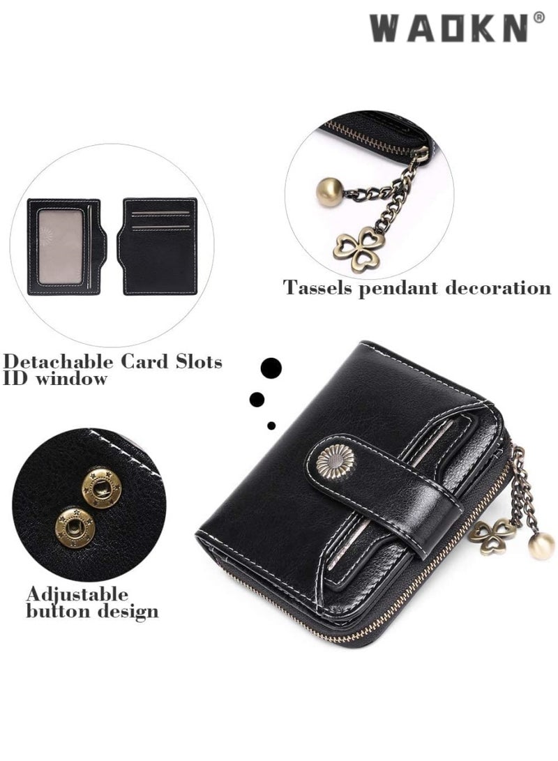 WAOKN Exclusive Small Wallet for Women, Genuine Leather Bifold Design with RFID Blocking & Zippered Pocket, Including ID Window, Stylish Purse(Black) - Image 3
