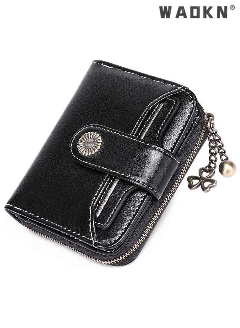 WAOKN Exclusive Small Wallet for Women, Genuine Leather Bifold Design with RFID Blocking & Zippered Pocket, Including ID Window, Stylish Purse(Black) - Image 1