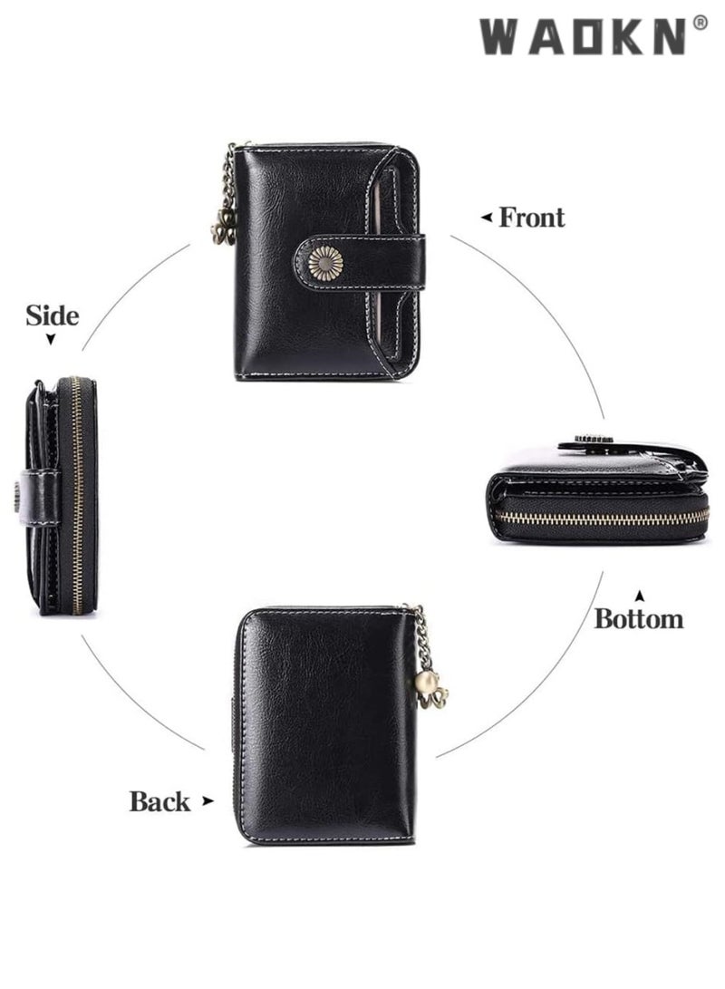 WAOKN Exclusive Small Wallet for Women, Genuine Leather Bifold Design with RFID Blocking & Zippered Pocket, Including ID Window, Stylish Purse(Black) - Image 4
