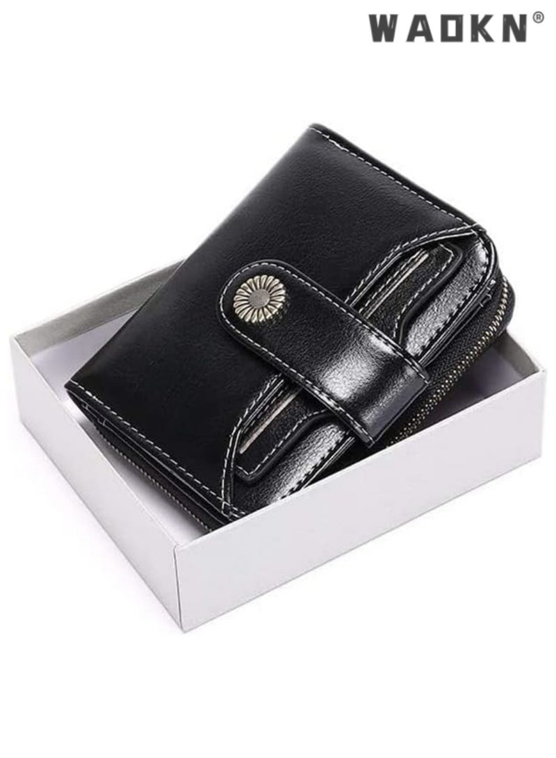 WAOKN Exclusive Small Wallet for Women, Genuine Leather Bifold Design with RFID Blocking & Zippered Pocket, Including ID Window, Stylish Purse(Black) - Image 5