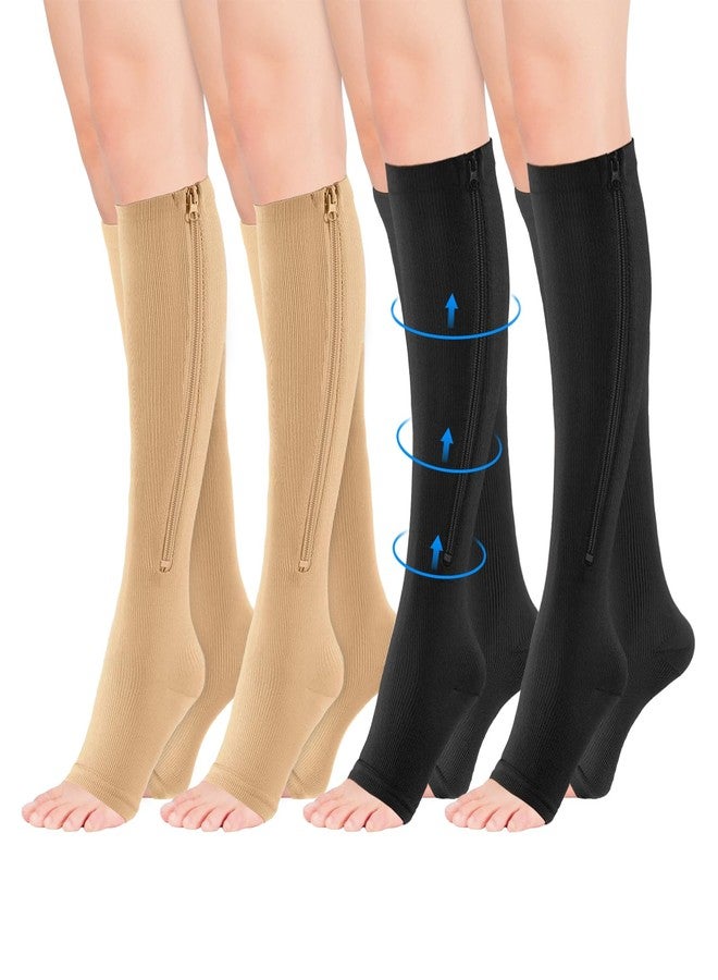 Sagry 4 Pairs Zipper Compression Socks for Women & Men,15-20 mmHg Medical over the knee compression socks, Easy Wear, Elastic & Comfortable, for Fitness, Flight, Running Marathon (Nude+Black, S/M) - Image 1
