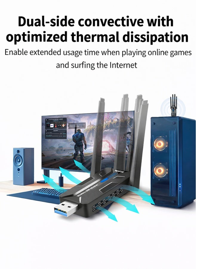 سيسلي محول واي فاي لاسلكي USB AX1800، واي فاي 6 ثنائي النطاق 2.4 جيجاهرتز/5 جيجاهرتز، بطاقة شبكة عالية السرعة USB 3.0 مع 4 هوائيات خارجية لأجهزة الكمبيوتر المكتبية والمحمولة - Image 4
