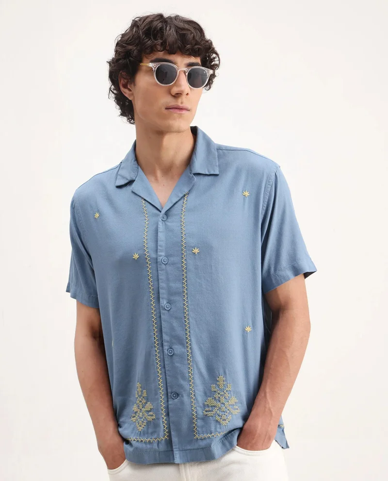 Rare Rabbit Men's Embroidred Boxy Fit Shirt