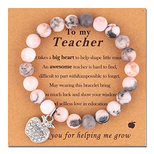 VICKHU Teacher appreciation gifts,Natural Stone teacher Bracelet gifts for women,thank you gifts for teacher meaningful gifts for women with gift message card (apple-Pale pink) - Image 1