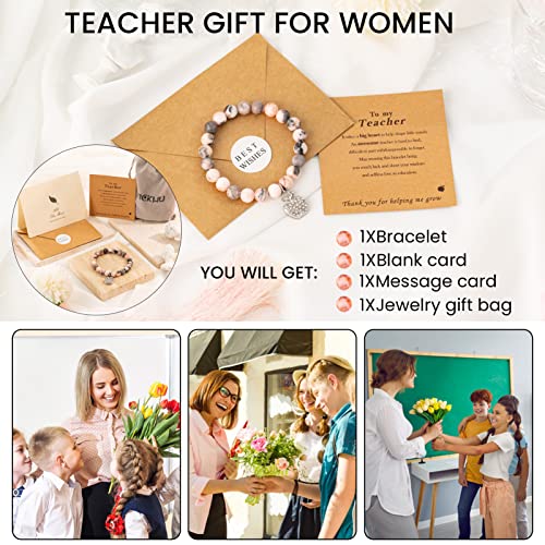 VICKHU Teacher appreciation gifts,Natural Stone teacher Bracelet gifts for women,thank you gifts for teacher meaningful gifts for women with gift message card (apple-Pale pink) - Image 4