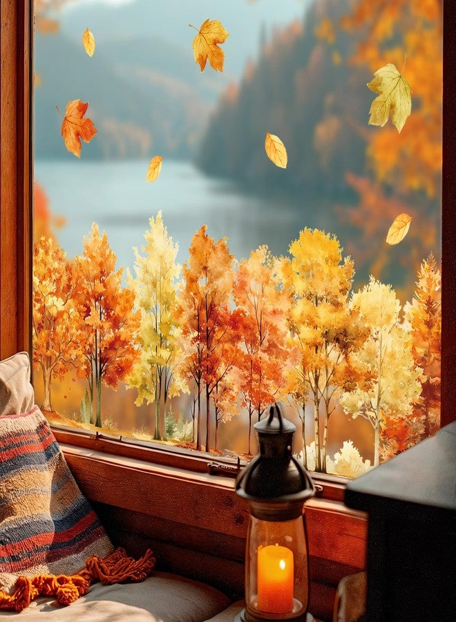 وولاين ملصقات نوافذ من Whaline، 4 أوراق، بتصميم أشجار الخريف، ألوان مائية، غابة خريفية، قابلة لإعادة الاستخدام، مثالية لحفلات الحصاد، عيد الشكر، ديكور المنزل والمكتب والمدرسة - Image 1