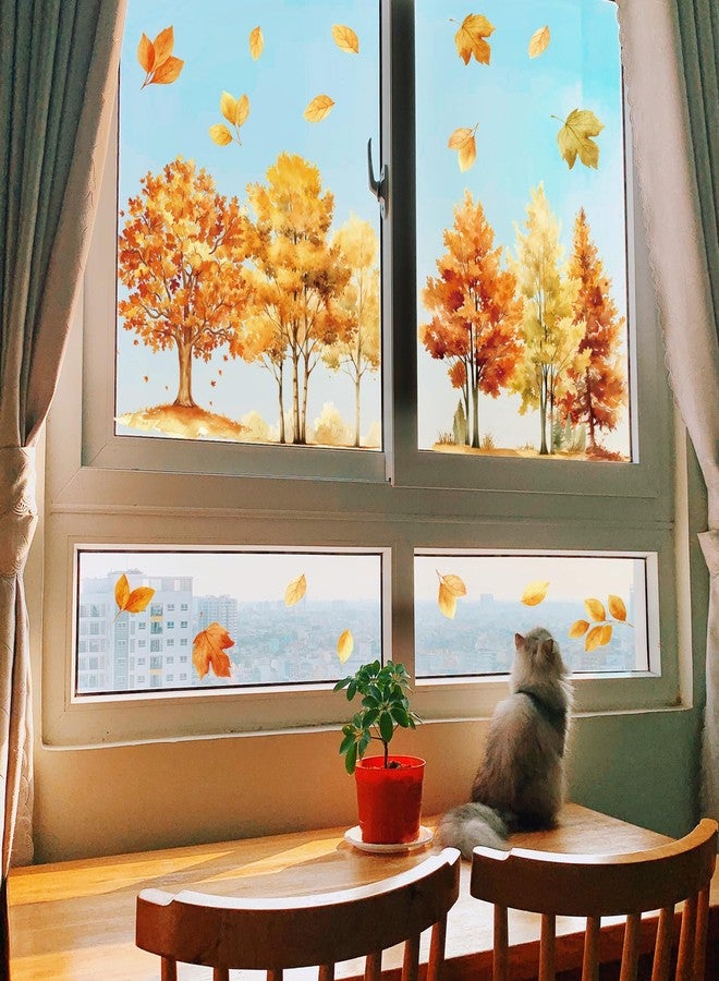 وولاين ملصقات نوافذ من Whaline، 4 أوراق، بتصميم أشجار الخريف، ألوان مائية، غابة خريفية، قابلة لإعادة الاستخدام، مثالية لحفلات الحصاد، عيد الشكر، ديكور المنزل والمكتب والمدرسة - Image 5
