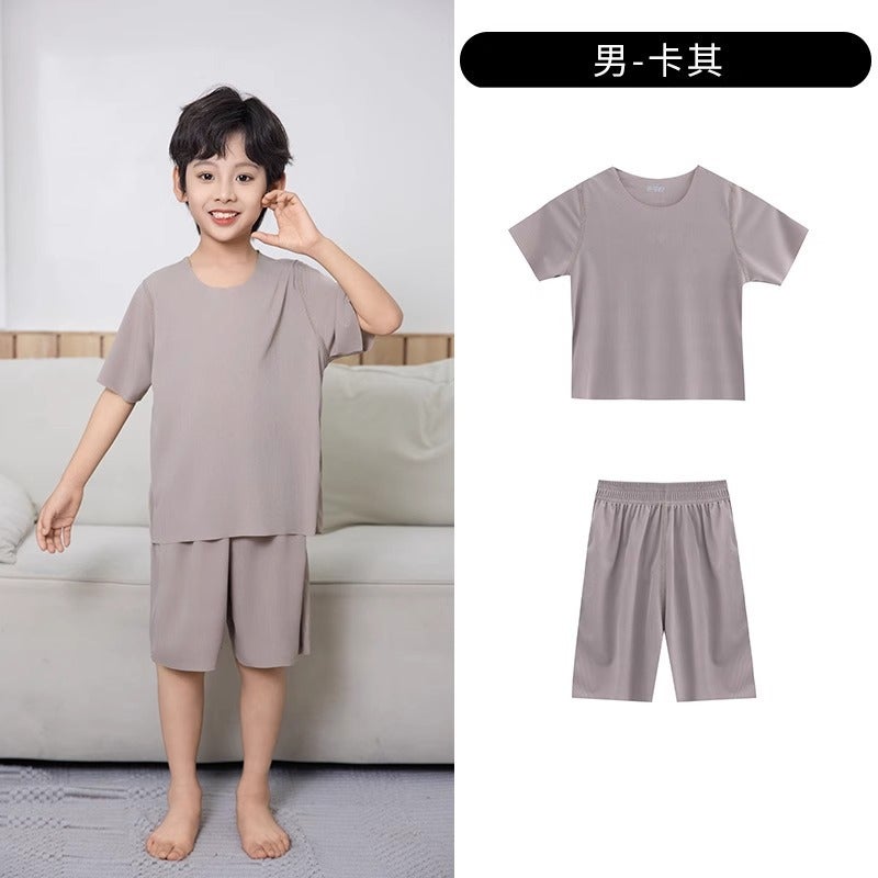 Childrens pajamas summer breathable ice silk ice feeling short sleeve suit thin boys and girls comfortable home clothes wholesale Boys-khaki 