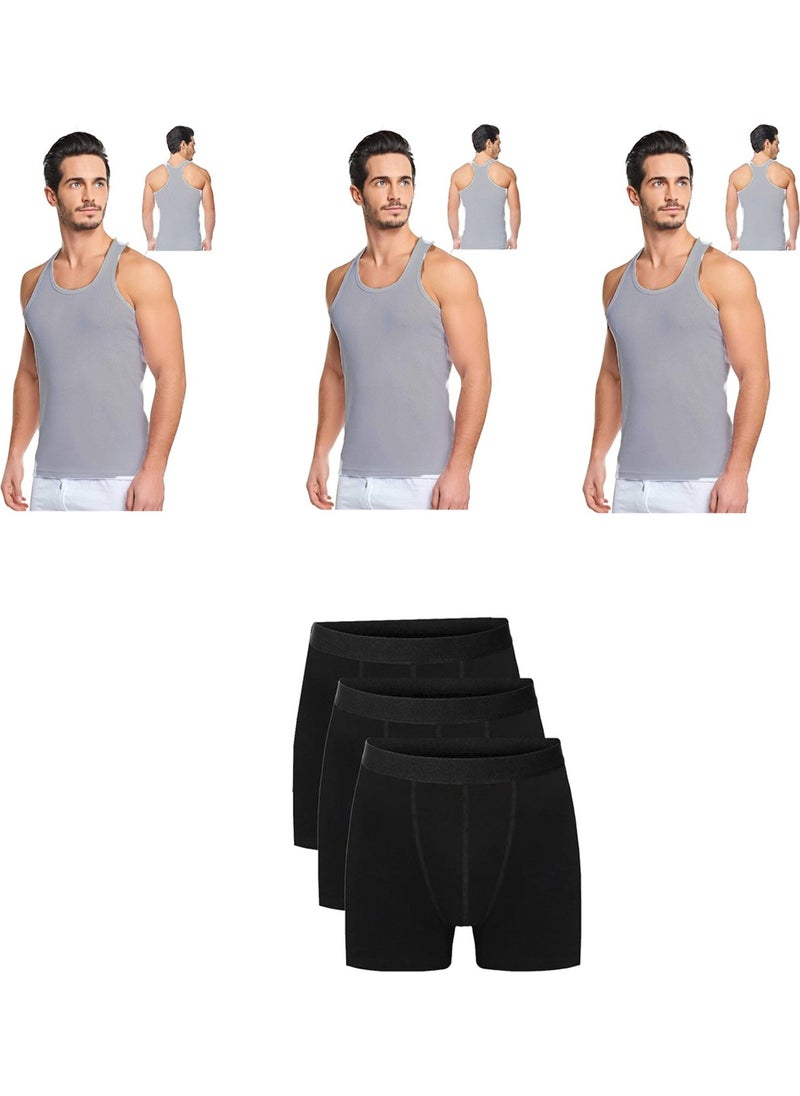 Belifanti Collection Men's Cotton 3-Piece Gray Sports Undershirt and 3-Piece Black Boxer 6 Piece Set  - Image 1