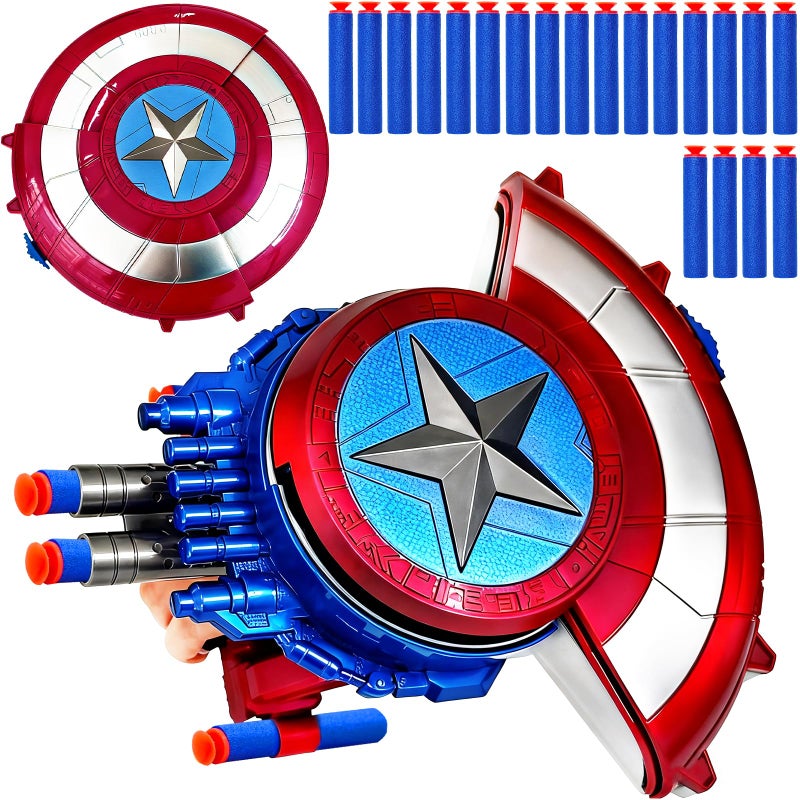 YMMAALE Captain Superhero Shield Blaster Toy,Dart Shooting Shield with 20 Foam Darts,Cosplay Prop for Adults,Roleplay,Halloween,Party Favors,Multi-Item Party Favor Packs - Image 1