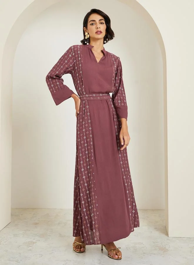 Amirah  Women Burgundy Foil Print Jalabiya for Women | Best Price UAE