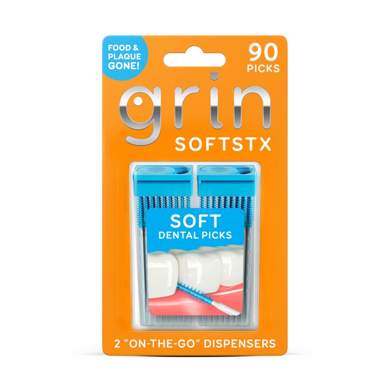 GRIN Softstx, Gentle Dental Picks, 90 Count, Soft Flexible Bristles, Textured Plaque Removing Toothpick, Minty Flavor, for Between Teeth, Refillable Hygienic Case, for Braces, Bridges, and Implants - Image 1