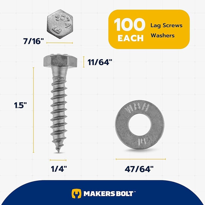 MAKERS BOLT 1/4 x 1-1/2 (100 Pack) Lag Screw Kit, 100 Screws and 100 washers, Hot Dip Galvanized, Meets ASME B18.2.1 Industrial/Commercial Grade by Makers Bolt - Image 2