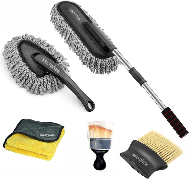SELLWIZE 5 PCs Microfiber Car Duster with Long Handle Car Cleaning Brush Exteriror and Interiror Car Cleaning Cloth Car Ac Vent Cleaner Brush for Car, Motorbike, SUVs Car Cleaning Kit - Image 1