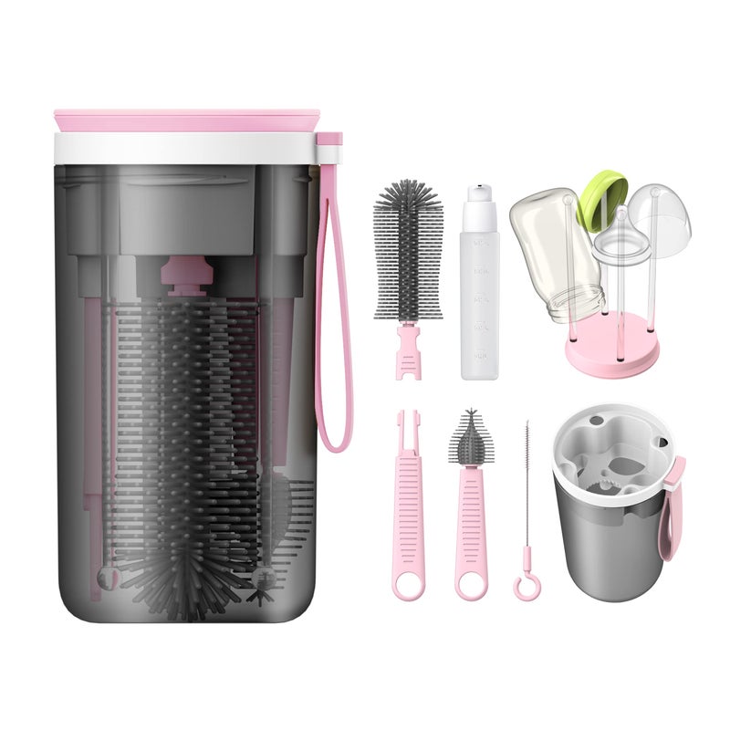 YOTIME Travel Baby Bottle Brush Set with Portable Silicone Bottle Brush, Cleaner Brush, Straw Brush, Soap Dispenser and Bottle Drying Rack, Pink
