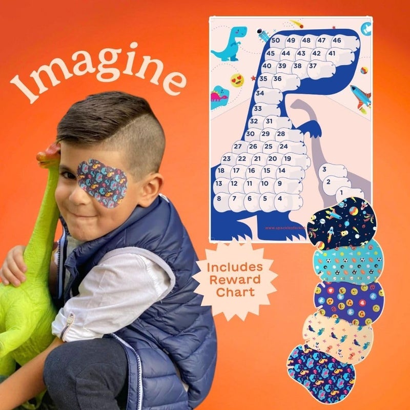 HIDESEE Speckles- Kids Eye Patches (Dinosaur) Fun & Comfortable Hypoallergenic Patches for Amblyopia & Strabismus Treatment, IMAGINE Pack for Boys & Girls includes motivational Reward Chart (50 Pack) - Image 2