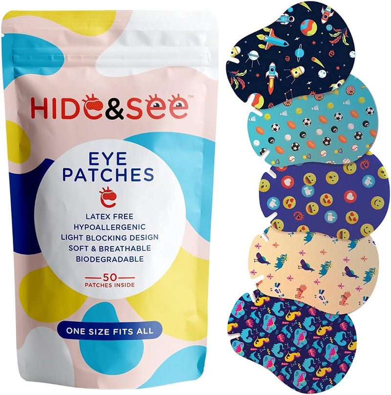 HIDESEE Speckles- Kids Eye Patches (Dinosaur) Fun & Comfortable Hypoallergenic Patches for Amblyopia & Strabismus Treatment, IMAGINE Pack for Boys & Girls includes motivational Reward Chart (50 Pack) - Image 1