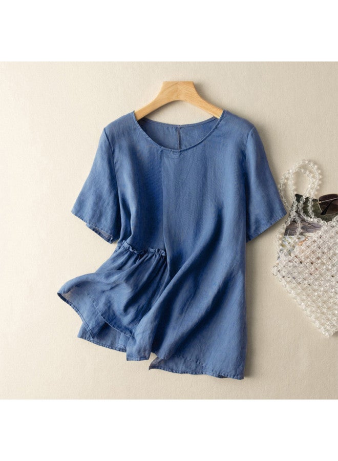 XINYANG Summer Women's Short-sleeve T-shirt With Cotton Blend Round Neck, Patchwork Design, Ruffled Hem And Asymmetrical Hemline - Image 2