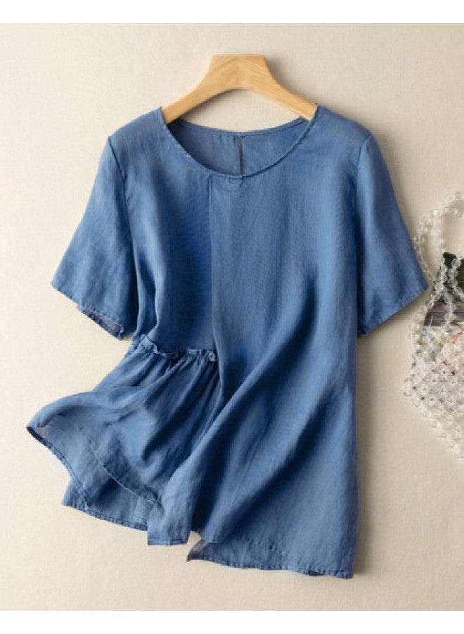 XINYANG Summer Women's Short-sleeve T-shirt With Cotton Blend Round Neck, Patchwork Design, Ruffled Hem And Asymmetrical Hemline - Image 1