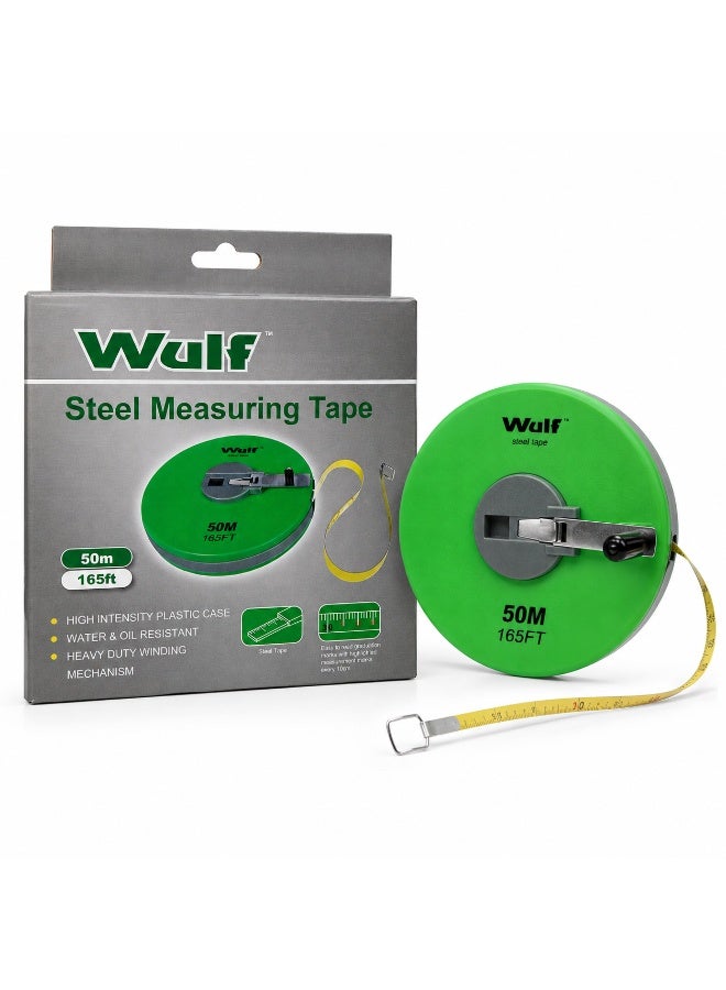 WULF Long Steel Measuring Tape 50 Meter 165FT Professional Surveying Tape Measure with Heavy Duty Winding Mechanism, High Intensity Plastic Case for Construction, Engineering & Layout Measurement Work - Image 1