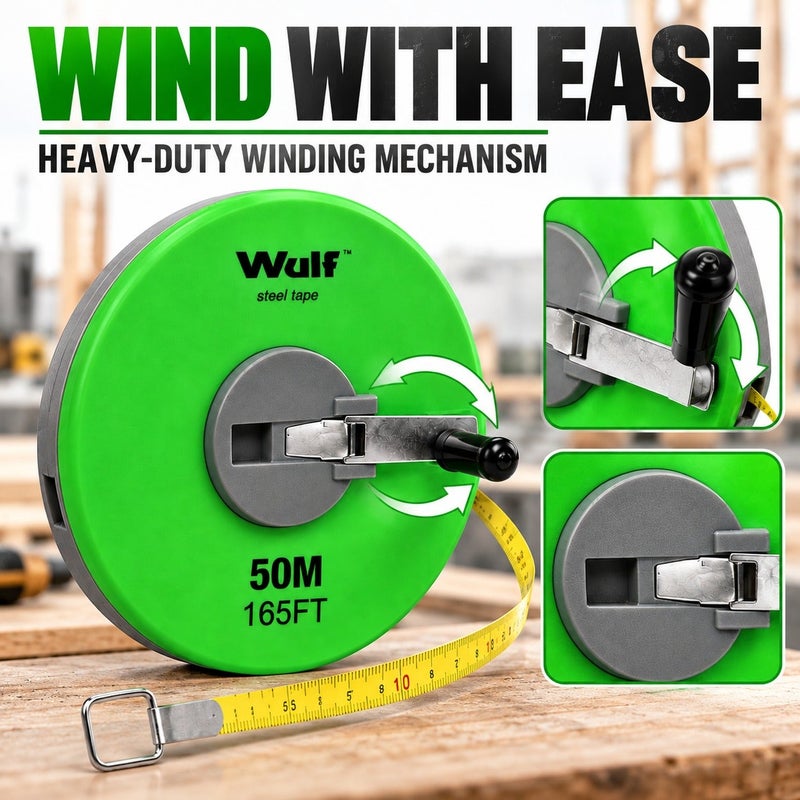 WULF Long Steel Measuring Tape 50 Meter 165FT Professional Surveying Tape Measure with Heavy Duty Winding Mechanism, High Intensity Plastic Case for Construction, Engineering & Layout Measurement Work - Image 5
