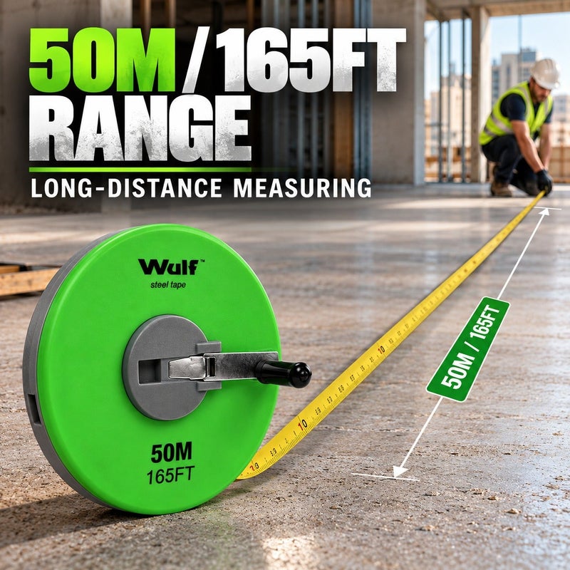 WULF Long Steel Measuring Tape 50 Meter 165FT Professional Surveying Tape Measure with Heavy Duty Winding Mechanism, High Intensity Plastic Case for Construction, Engineering & Layout Measurement Work - Image 3