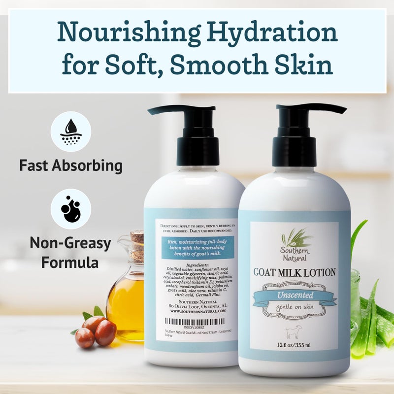 Southern Natural Goat Milk Lotion â€“ Nourishing Face, Body & Hand Moisturizer for Dry & Sensitive Skin - Hydrating Cream, Gentle Skincare for Soft & Smooth Feel - Unscented 12oz - Image 2