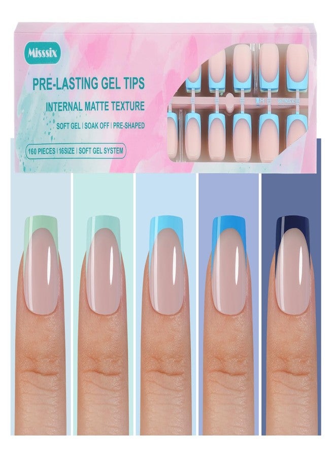Misssix French Gel Nail Tips, 160Pcs Blue French Tip Press on Nails Short Square, No Need to File Tips Pre-lasting, Fake Nails for Nail Art DIY 16 Sizes - Image 1