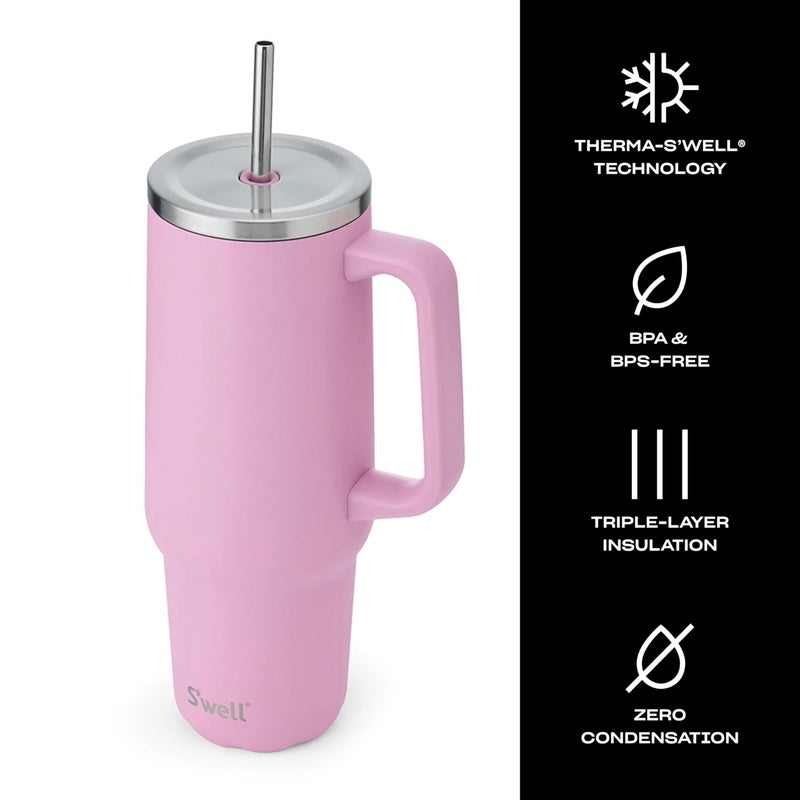 S'well Recycled Stainless Steel Tumbler XL with Straw and Handle, 40oz, Hydrangea Pink, Triple Layered Vacuum Insulated Containers Keeps Drinks Cold for 50 hours and Hot for 10 - Image 3