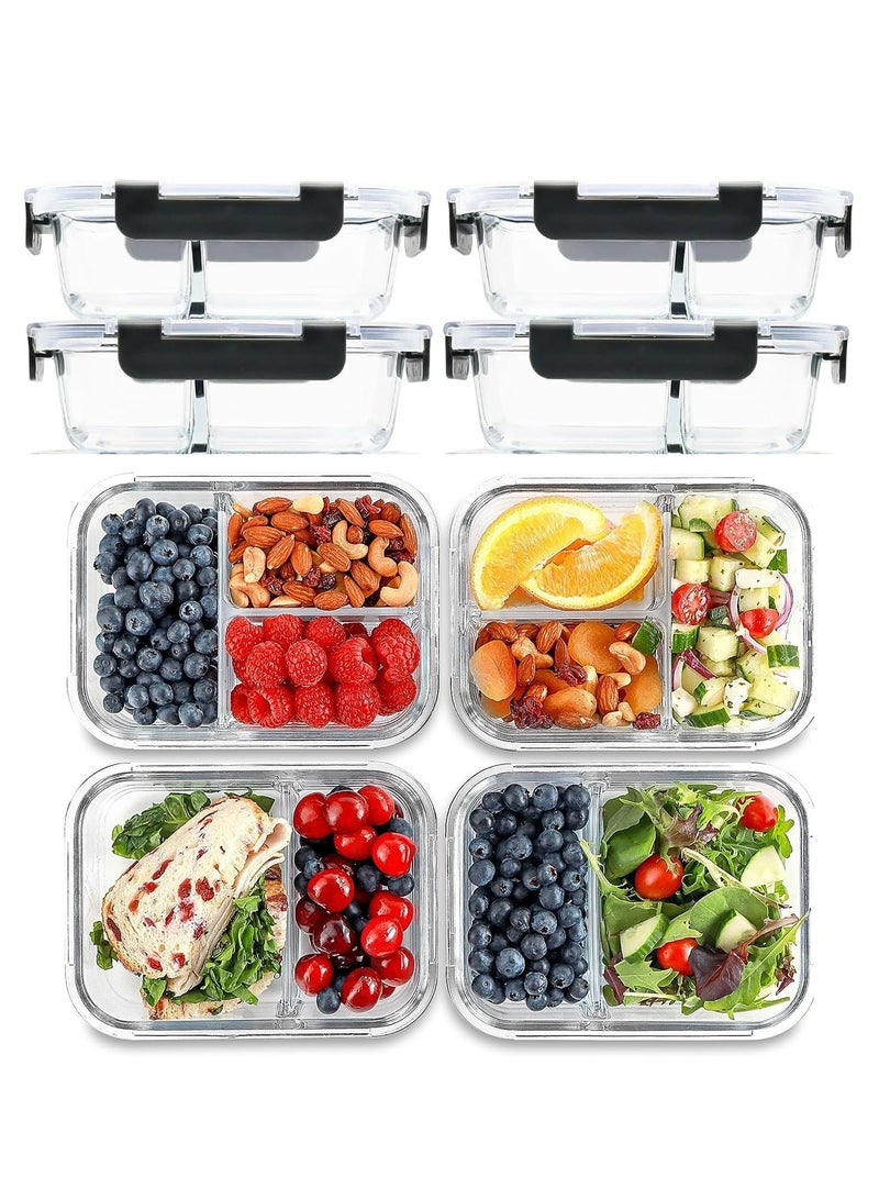 تايكوم حاويات تحضير الوجبات الزجاجية 2 و 3 حجرات 4 عبوات 950 مل حاويات تخزين المواد الغذائية الزجاجية مع أغطية صندوق غداء زجاجي صندوق بينتو زجاجي حاويات غداء التحكم في جزء محكم 4 قطع. - Image 1