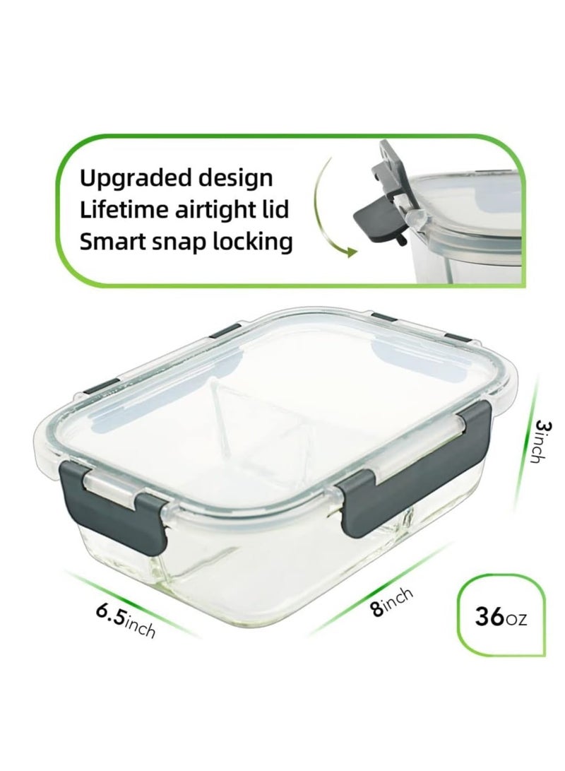 تايكوم حاويات تحضير الوجبات الزجاجية 2 و 3 حجرات 4 عبوات 950 مل حاويات تخزين المواد الغذائية الزجاجية مع أغطية صندوق غداء زجاجي صندوق بينتو زجاجي حاويات غداء التحكم في جزء محكم 4 قطع. - Image 4