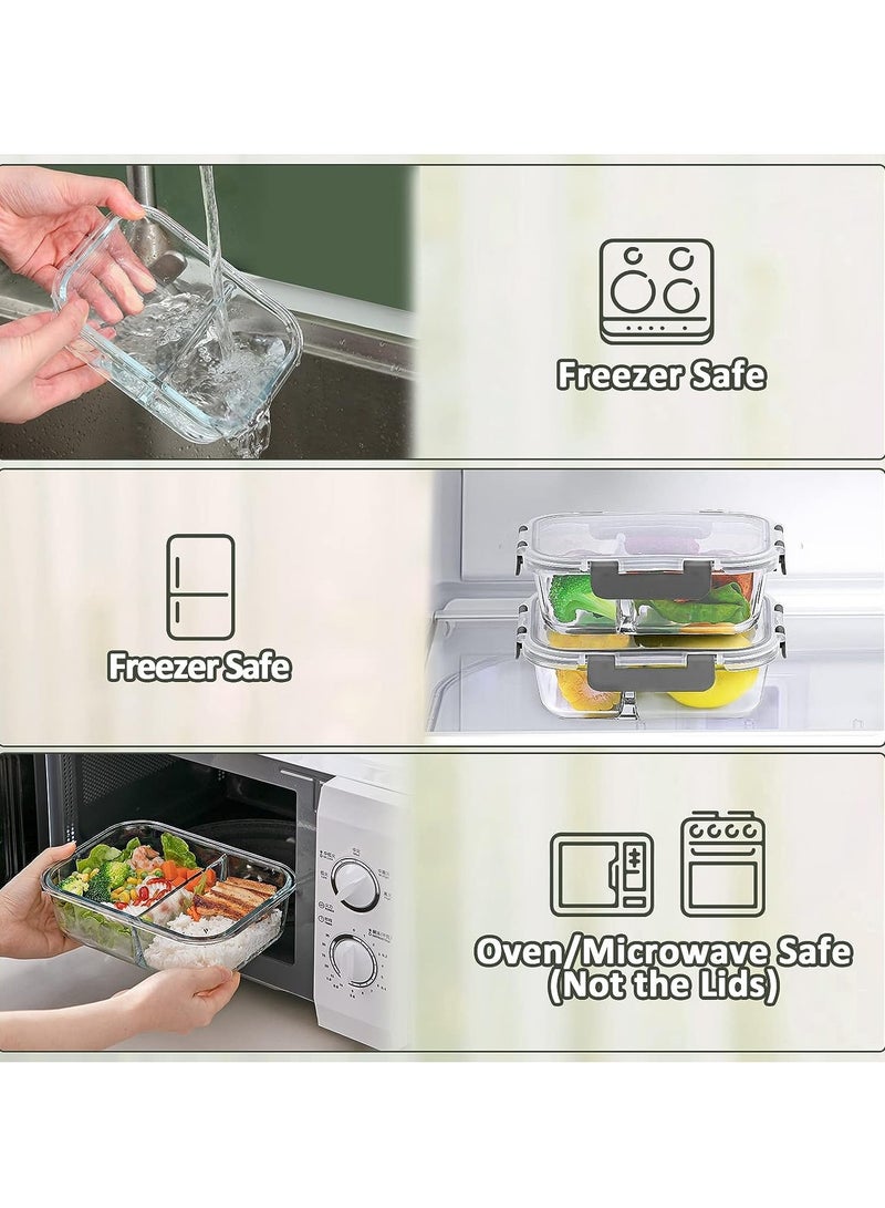 تايكوم حاويات تحضير الوجبات الزجاجية 2 و 3 حجرات 4 عبوات 950 مل حاويات تخزين المواد الغذائية الزجاجية مع أغطية صندوق غداء زجاجي صندوق بينتو زجاجي حاويات غداء التحكم في جزء محكم 4 قطع. - Image 3