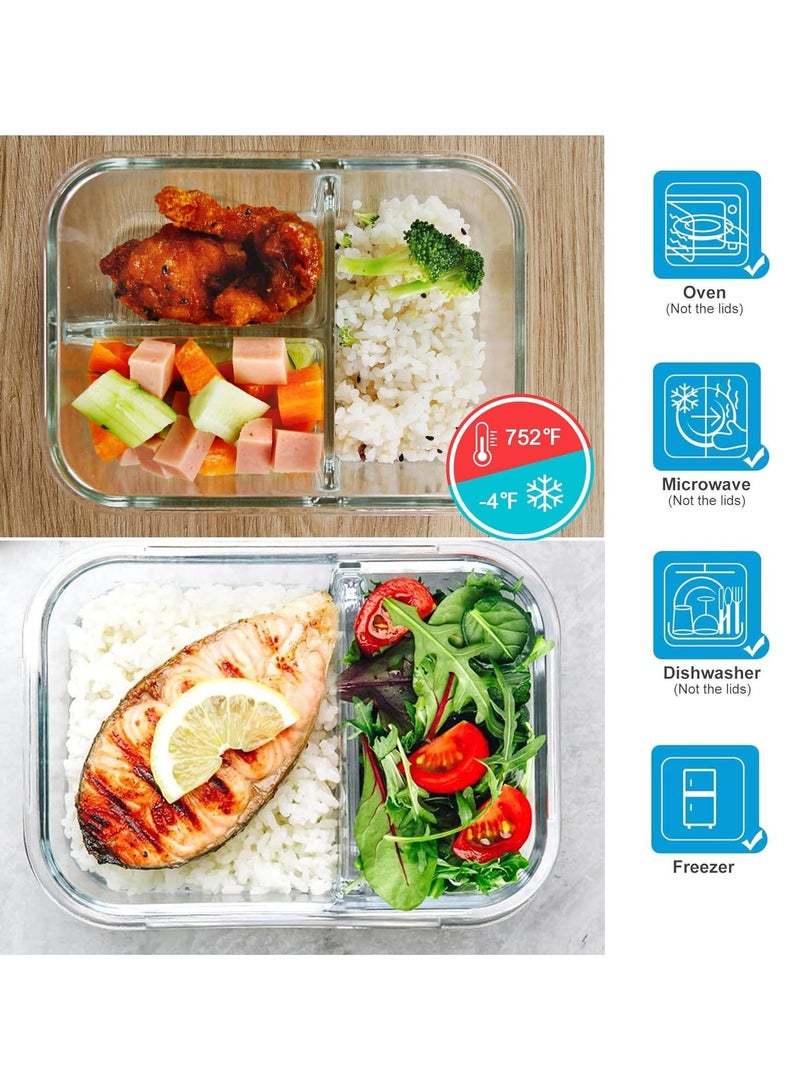 تايكوم حاويات تحضير الوجبات الزجاجية 2 و 3 حجرات 4 عبوات 950 مل حاويات تخزين المواد الغذائية الزجاجية مع أغطية صندوق غداء زجاجي صندوق بينتو زجاجي حاويات غداء التحكم في جزء محكم 4 قطع. - Image 2