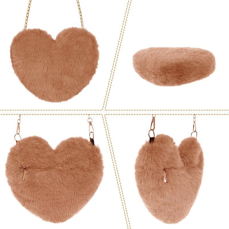 Miayon Heart Shaped Faux Fur Clutch Purse Fluffy Crossbody Shoulder Bag for Women Halloween Christmas Valentine Brown - Image 5