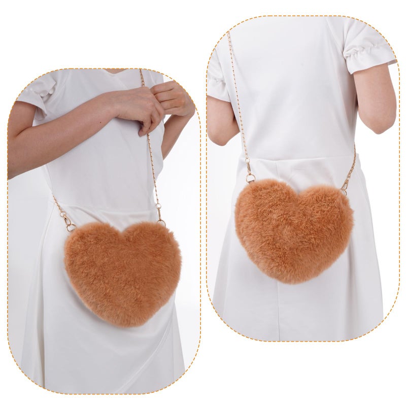 Miayon Heart Shaped Faux Fur Clutch Purse Fluffy Crossbody Shoulder Bag for Women Halloween Christmas Valentine Brown - Image 4