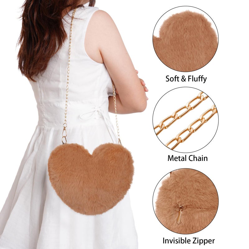 Miayon Heart Shaped Faux Fur Clutch Purse Fluffy Crossbody Shoulder Bag for Women Halloween Christmas Valentine Brown - Image 3