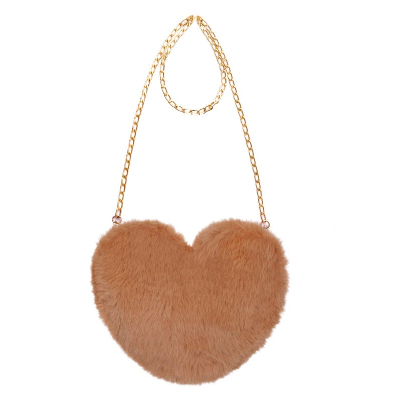 Miayon Heart Shaped Faux Fur Clutch Purse Fluffy Crossbody Shoulder Bag for Women Halloween Christmas Valentine Brown - Image 1