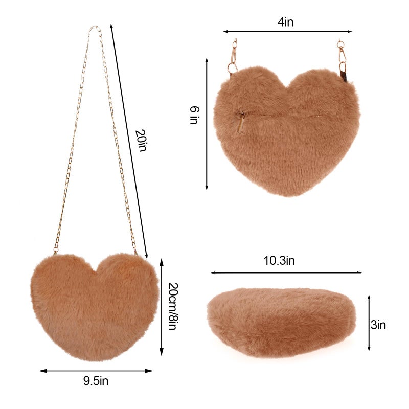 Miayon Heart Shaped Faux Fur Clutch Purse Fluffy Crossbody Shoulder Bag for Women Halloween Christmas Valentine Brown - Image 2
