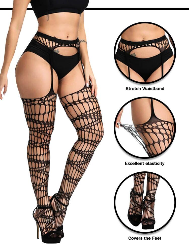 Buitifo Woman Thigh High Garter Stockings Patterned Tights Fishnet Pantyhose (Black XianT,M) - Image 2