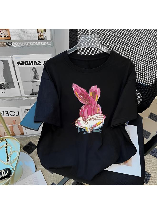 Song Feng Ya Graffiti Rabbit Tiktok Hot Real Shot Heavy Thick Summer Fashionable New Girl Style Pure Cotton Short-sleeved T-shirt For Women